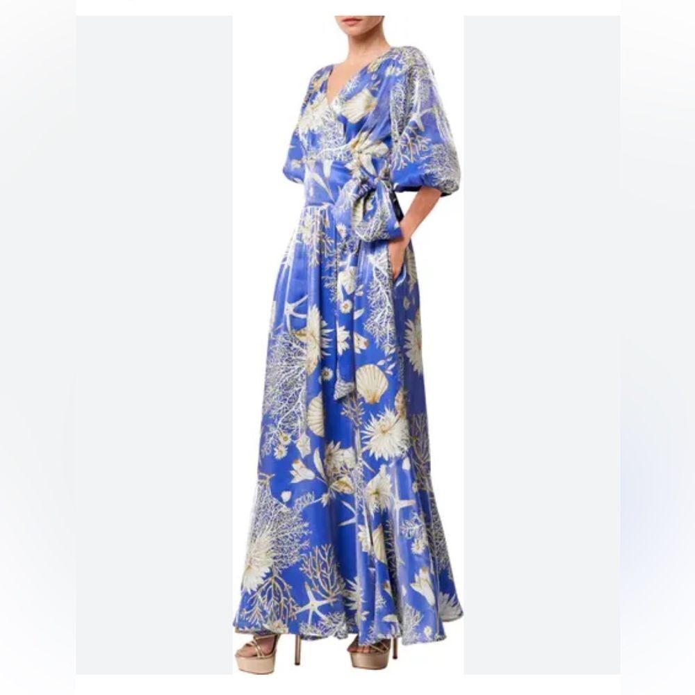 CIEBON Ariella Floral Ocean Side Tie Maxi Dress with Starfish Seashell size M